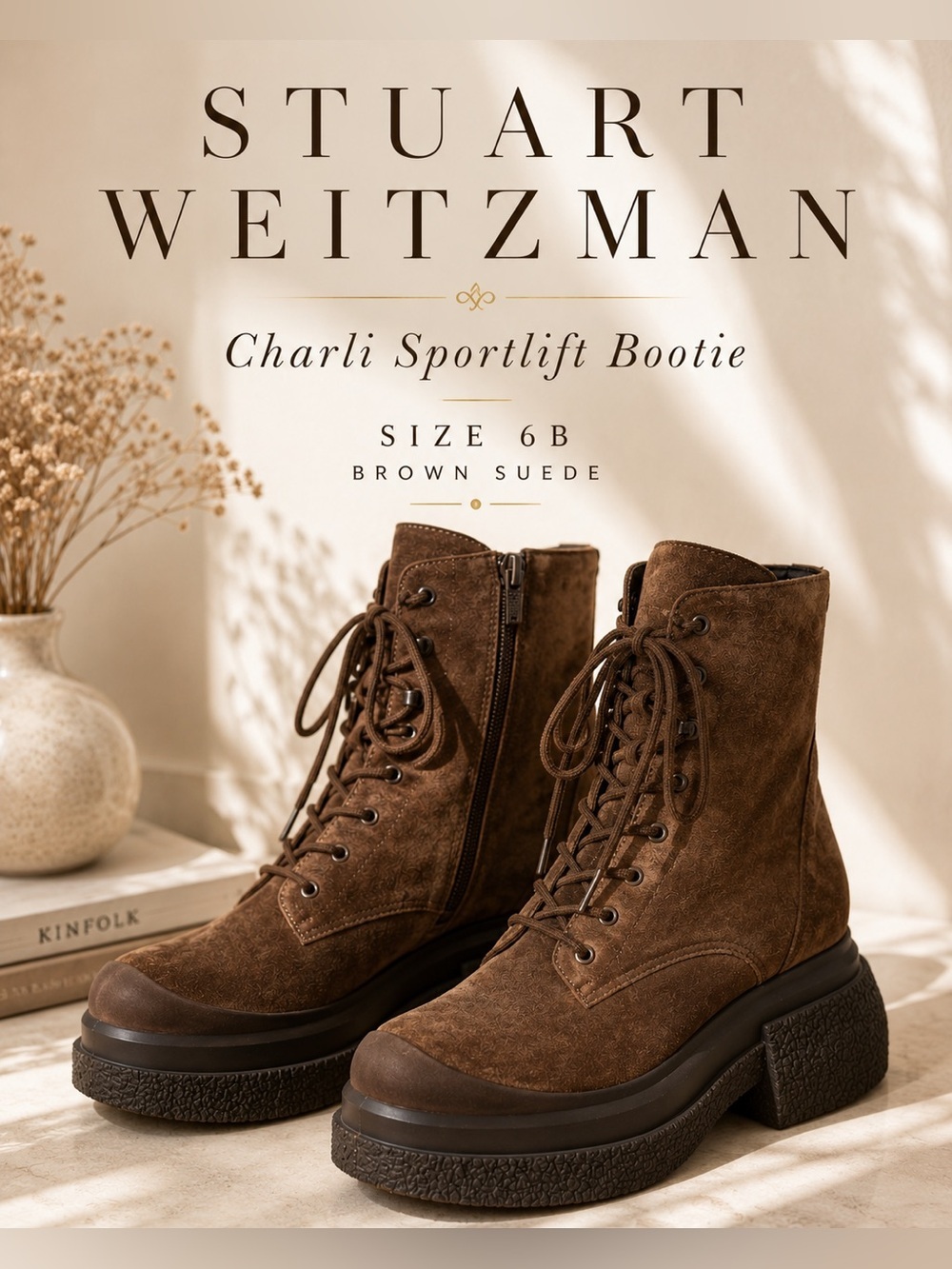 Stuart Weitzman Charli Sportlift Lace-Up Booties Brown Suede Size 6B LNC